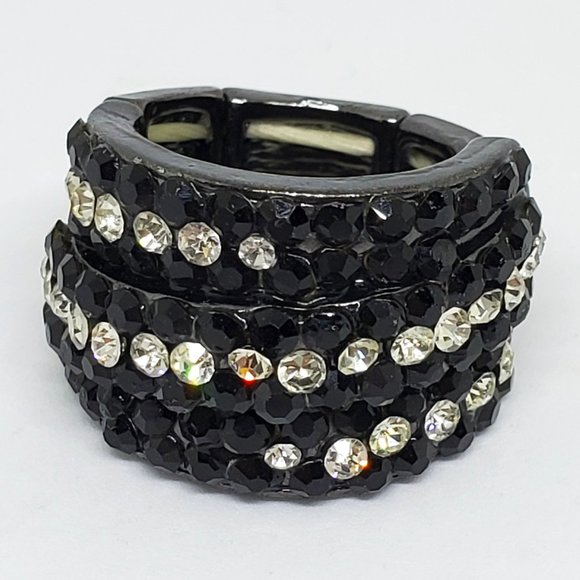 Pave' Black and Clear Rhinestone Cigar Band Fashion Stretch Ring - Picture 5 of 10